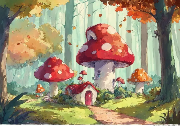 art by bluethebone, (art by cutesexyrobutts:0.1), mushroom, forest, art by hayao miyazaki, a painting of a beautiful forest landscape, falling leaves, a candy house, watercolor pencil \(medium\),