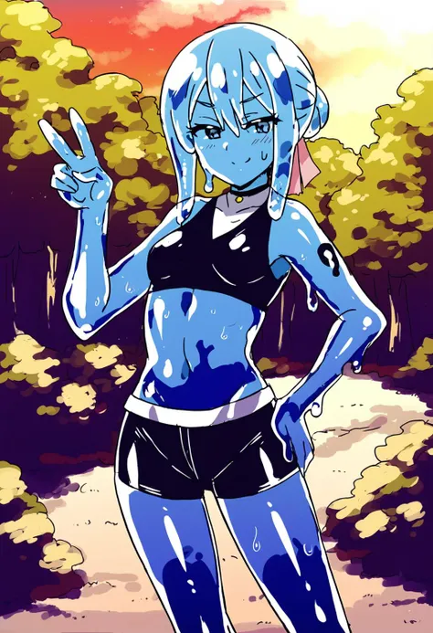 art by akiko takase, female, 1girl, (slime gir:1.4)l, shiny blue skin, in a beautiful forest, standing, leather shorts, crop top, hand on own hip, small breasts, smug, v, wet