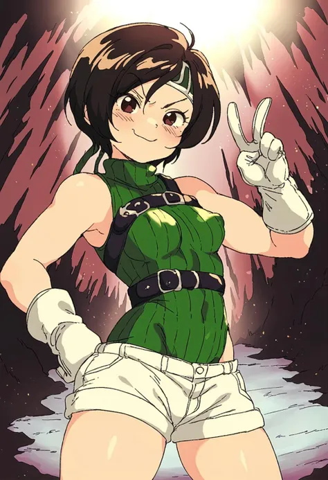 art by Hideo Minaba, art by bluethebone, female, 1girl, yuffie kisaragi, in a dark cave, standing, white shorts, green tank top, hand on own hip, small breasts, smug, covered nipples, v, headband