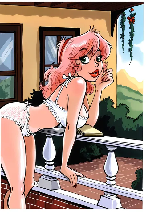 art by dean yeagle, balcony, lace trim, cow girl, pink hair,