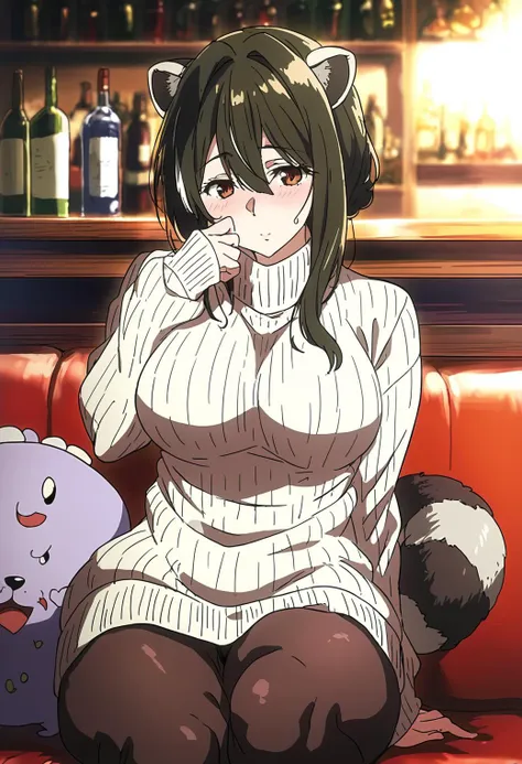 art by akiko takase, lounge, Sweater, raccoon girl,