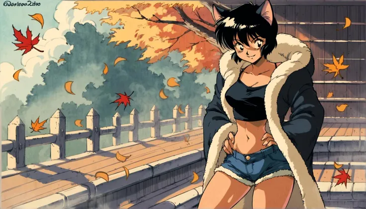 retro anime, 1girl, flowers, in a sauna, falling leaves, cat girl, solo, fur-trimmed coat, denim shorts, hands on hips, forced smile, <lora:Fixhands-unfilteredai:1.25> , (art by cutesexyrobutts:0.1),