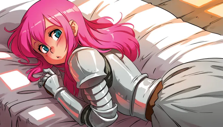 art by xaxaxa, soft comfy bed, Casuals, knight, pink hair, detailed background,