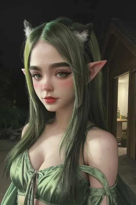 a fantasy elf with green hair, elf ears, in the night, outdoor, closeup