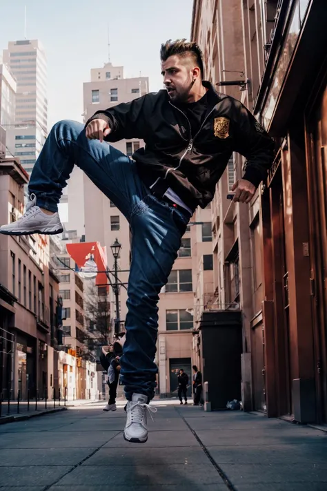 <lora:AuronPlay_v1-000009:1> rnply, masterpiece, best cinematic quality, photorealistic highly detailed 8k raw photo, volumetric lighting, volumetric shadows, portrait, man in crewneck, Jumping, mimicking a karate kick, random dynamic background