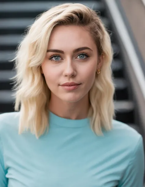 cinematic photo professional close-up portrait photography of the face of a beautiful (((ohwx woman))) at stairway during Morning, Nikon Z9 <lora:cyrus_lora_sdxl_v3:0.93> . 35mm photograph, film, bokeh, professional, 4k, highly detailed