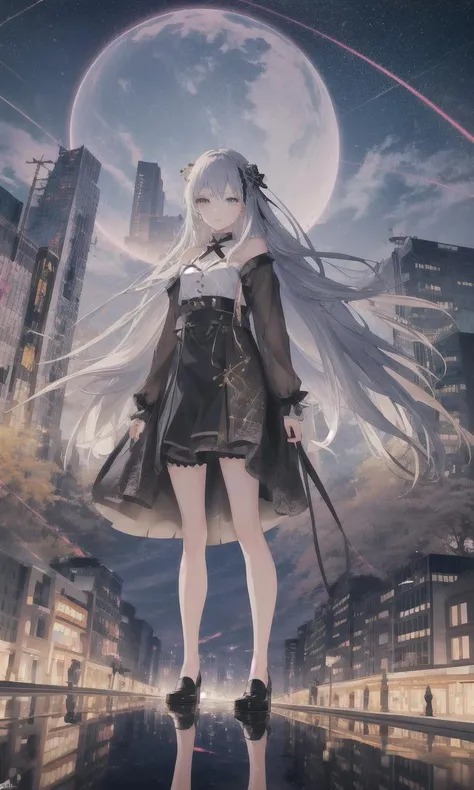 1girl, landscape, city, lights, reflection, standing, in the middle, high quality, highres, absurdres, masterpiece, best quality,