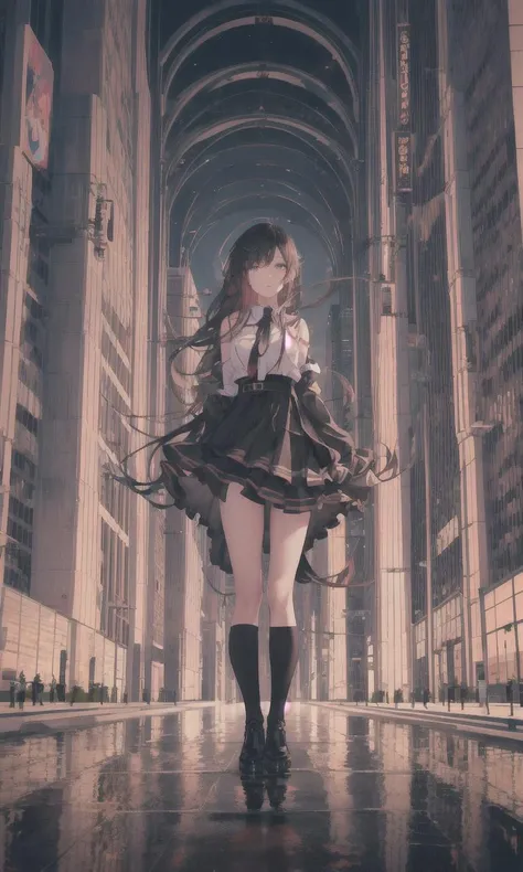1girl, landscape, city, lights, reflection, standing, in the middle, high quality, highres, absurdres, masterpiece, best quality,