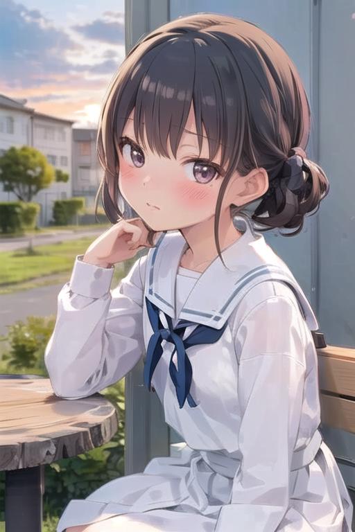Anime girl sitting on a bench with her hand on her chin - SeaArt AI