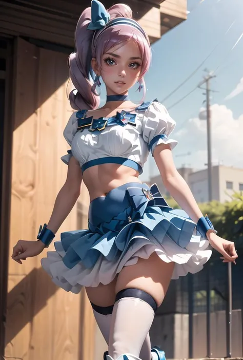 (masterpiece, best quality), 1girl, <lora:ãã¥ã¢ããªã¼ Cure Berry (Fresh Pretty Cure):0.8> berry_a, side ponytail, hairband, blue ribbon,, gem, wrist cuffs, cure berry outfit, blue skirt, navy thighhighs, blue boots,
