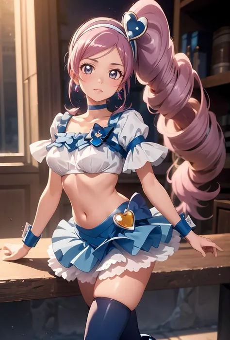 Juna Crawford, poneyTail, Green eyes, Big breasts,A pink-haired, ((((Wet and yellow underwear shows through)))), (((((White shirt))))), ((((a blue skirt)))), knee boots, ((((Yellow bra)))), ((Yellow panties)), A smile, embarrassed from, Adults, dress room, tucking up the skirt, Sheer panties