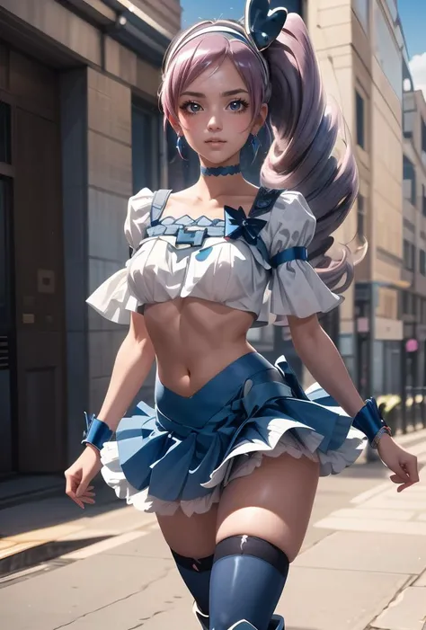 (masterpiece, best quality), 1girl, <lora:ãã¥ã¢ããªã¼ Cure Berry (Fresh Pretty Cure):0.8> berry_a, side ponytail, hairband, blue ribbon,, gem, wrist cuffs, cure berry outfit, blue skirt, navy thighhighs, blue boots,