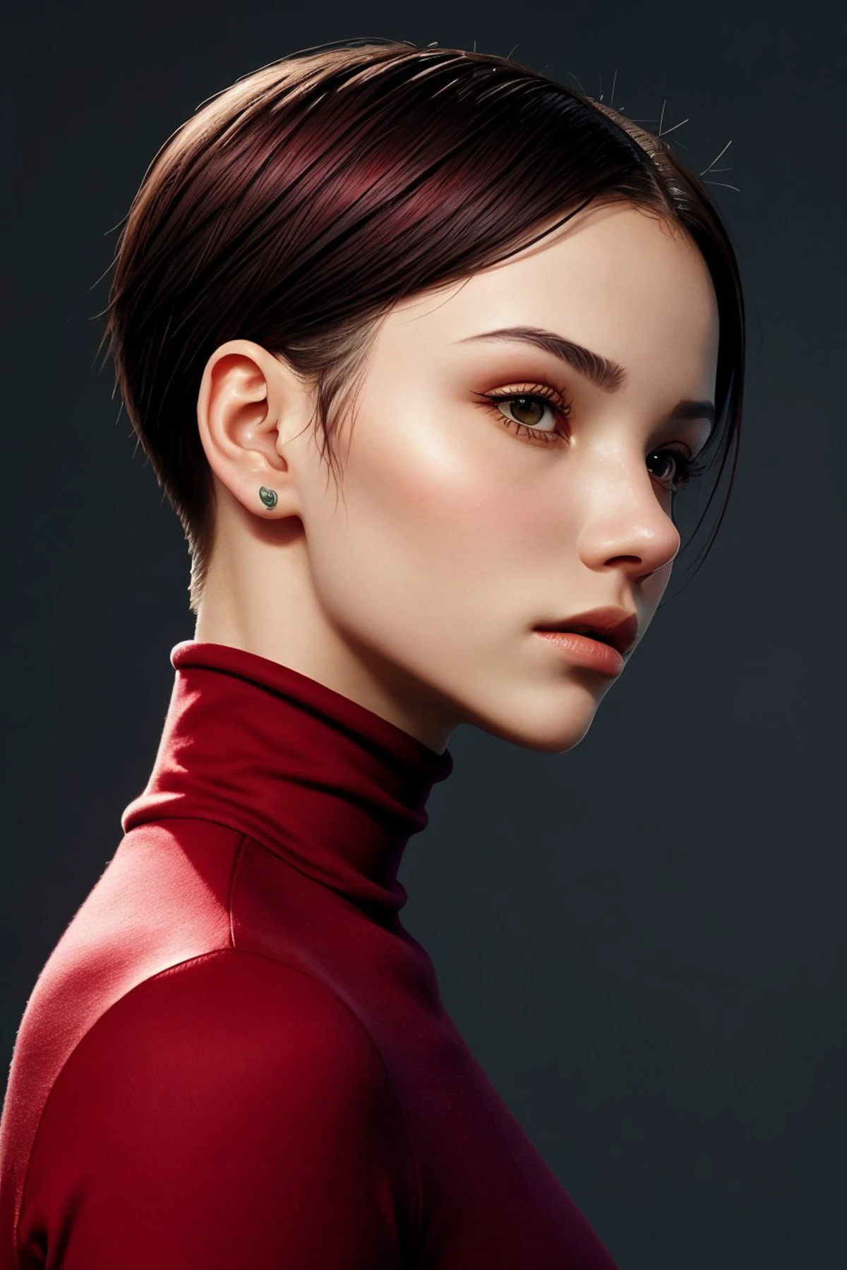(style of Raymond Swanland:1.15), half-body of <lora:sd15_Lena_locon_24_v1:.9> Lena wearing makeup, focus on face, side view wearing a turtleneck , her Tomato color hair is styled as buzz cut hair,