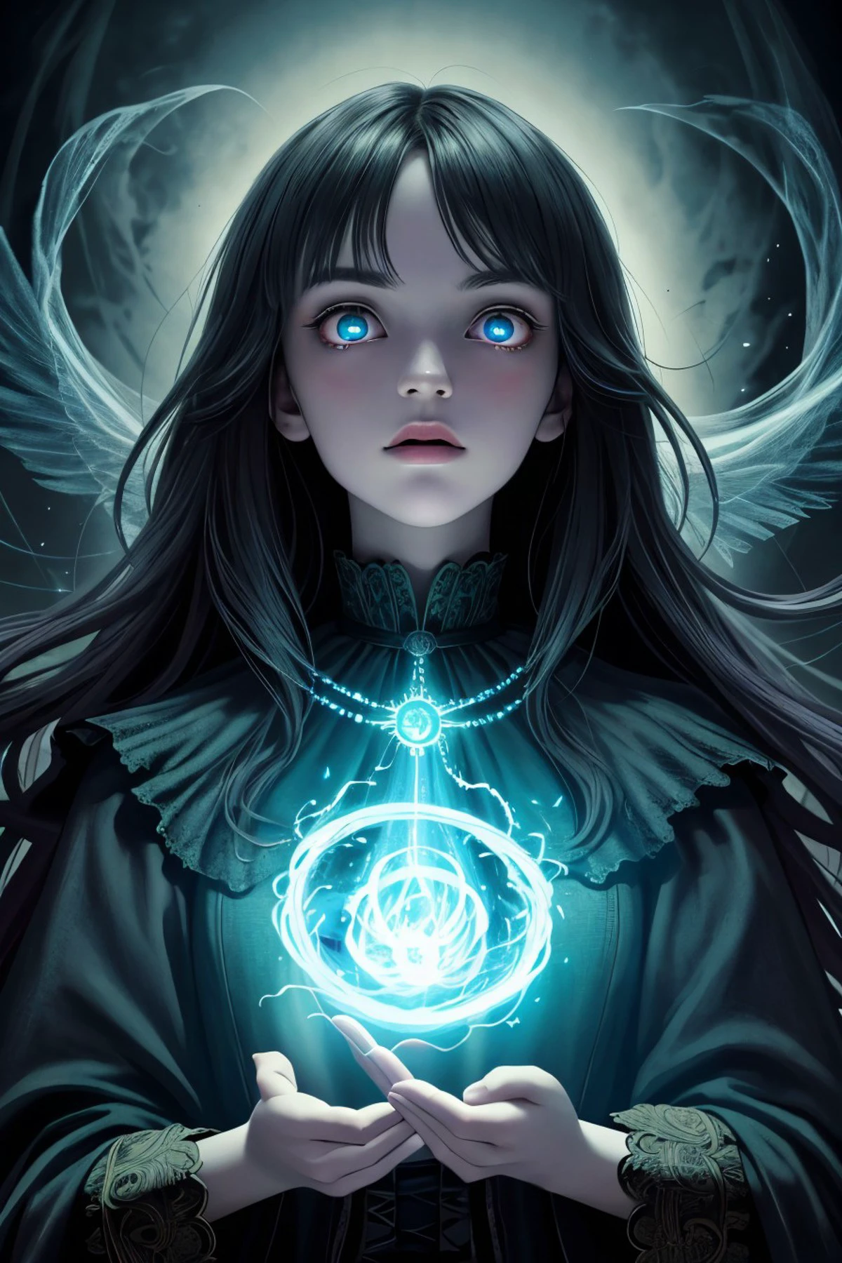 realistic photo of <lora:sd15_Lena_locon_24_v1:.9> Lena, solo, upper body, looking up, detailed background, detailed face, (victorian theme:1.1), (glowing eyes:1.05), large wide eyes, dilated pupils, necromancer, cultist, Spring green (Crayola) summoner garments, pendant, casting spell, ritual, dark dark magical glyphs, floating particles, blue crackling magic energy, calling forth supernatural 25%souls, haunted netherworld background, wind, dark clouds, ethereal atmosphere,