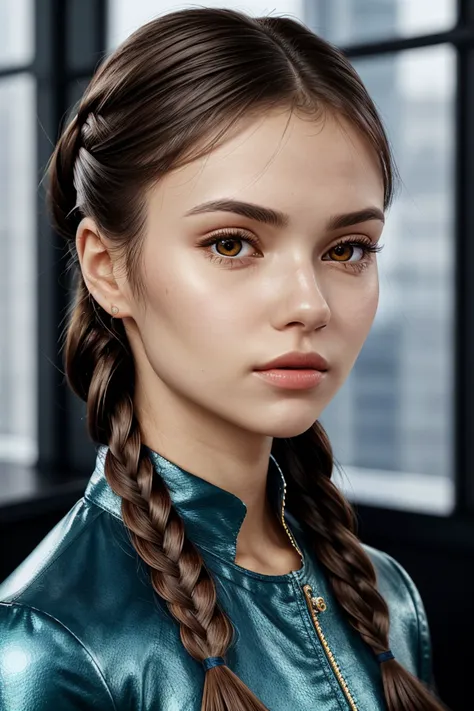 hyperrealistic rendition, ultra detailed, realistic, high definition, close range of photo of <lora:sd15_Lena_locon_24_v1:.9> Lena, focus on face, wearing a pantsuit , her hair is styled as Straight Fishtail Braid,