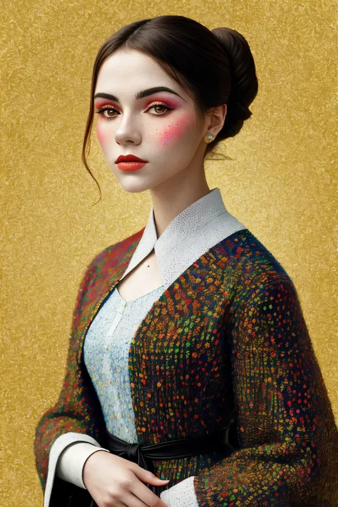 (pointillist painting, dots, Seurat style, vibrant, highly detailed:1.15), close range of <lora:sd15_Lena_locon_24_v1:.9> Lena wearing makeup, focus on face, wearing a mage robe , her hair is styled as topsy tail chignon,