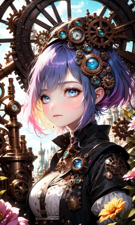 An enthusiastic girl with big blue eyes and short, multi-colored hair, Woman dressed as an alchemist in a steampunk world, surrounded by whimsical clockwork machinery and magical potions. Flower armor with gears and mechanical details, blending steampunk aesthetics with a touch of nature. Close-up shot with luminism and bokeh, highlighting the magic and alchemical elements in the scene. HDR of 1.4, intensifying the colors and textures of the steampunk and magical components. Cinematic pink and blue filter with a value of 0.85, infusing the image with enchanting and mysterious vibes. Ethereal background with fractal isometrics, creating a surreal and fantastical setting. Realistic yet fantastical details, bringing the alchemist's world to life., big_boobs, Perfect anatomy, the golden ratio (masterpiece, top quality, extreme),
<lora:sdxL_offset:0.5>