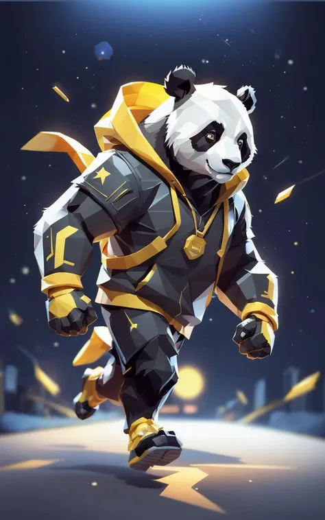 low-poly style a cyborg anthropomorphic giant panda male furry is running on street, He has very fluffy fur on cheek and animal head, mechanical arms and hands, mechanical legs and boots, He wears a short sleeves yellow hoodie with both proud and serious on his face, His eyes are black and shine and looking afar, backlighting, night, moonlight, starry sky, shooting star, constellation, medium shot, dutch angle . low-poly game art, polygon mesh, jagged, blocky, wireframe edges, centered composition
