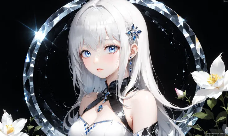 simple_black_background, black and white theme, Sense of coordination, sense of order, mathematics beauty, (((cover design))),(((((cover art))))),((trim)), official art,
girl, solo, chess_girl, perfect_detail_girl, pretty, white hair, long hair, head flower,(delicate and beautiful eyes), looking at viewer, cute face, pretty face, blue_eyes, white skin, white body, navel, perfect body, body art, standing on, beautiful pose,
crystal_art, huge_black_crystal, blooming_effect, whit_magic_circle_behind_girl, White petal,
<lora:sdxL_offset:0.3> <lora:perfect-eyes:0.5:1:1:lbw=face> perfecteyes, <lora:TWbabeXL01:0.7> TWbabeXL01,