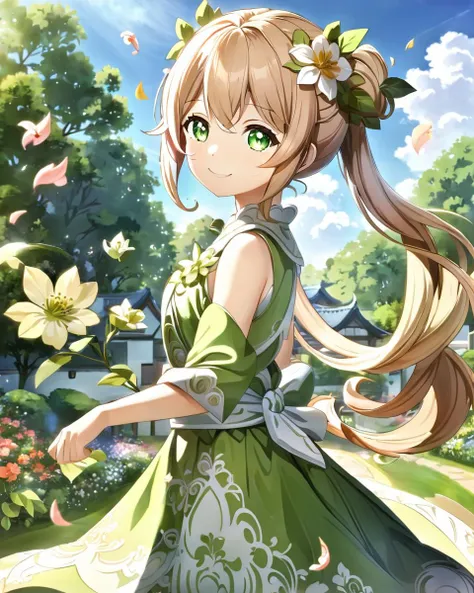 1girl, nahida (genshin impact), solo, outdoors, dress, smile, flower, green eyes, symbol-shaped pupils, side ponytail,