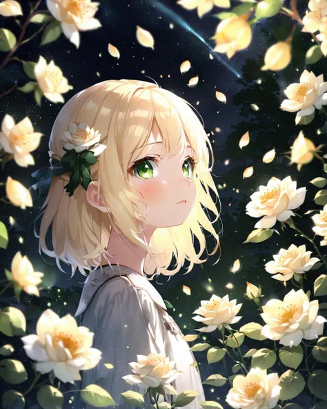 face focus, masterpiece, best quality, 1girl, white roses, petals, night background, fireflies, light particle, solo, blonde hair, green eyes, standing, pixiv, depth of field, cinematic composition, best lighting, looking up