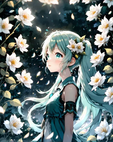 face focus, masterpiece, best quality, 1girl, hatsune miku, white roses, petals, night background, fireflies, light particle, solo, aqua hair with twin tails, aqua eyes, standing, pixiv, depth of field, cinematic composition, best lighting, looking up