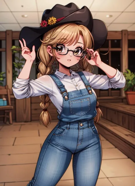 ((best quality)), ((highly detailed)), masterpiece, extremely detailed face, beautiful face, , <lora:more_details:.5>, (1girl), (glasses), dynamic pose, full body, country girl, long hair, low twin braids, freckles, muscular, cowboy hat, overalls, plaid shirt, on a farm, (indoors, in a hall), <lora:Cute90sAnime:.85>, ARTSTYLE_Cute90sAnime_ownwaifu, 1990s \(style\)