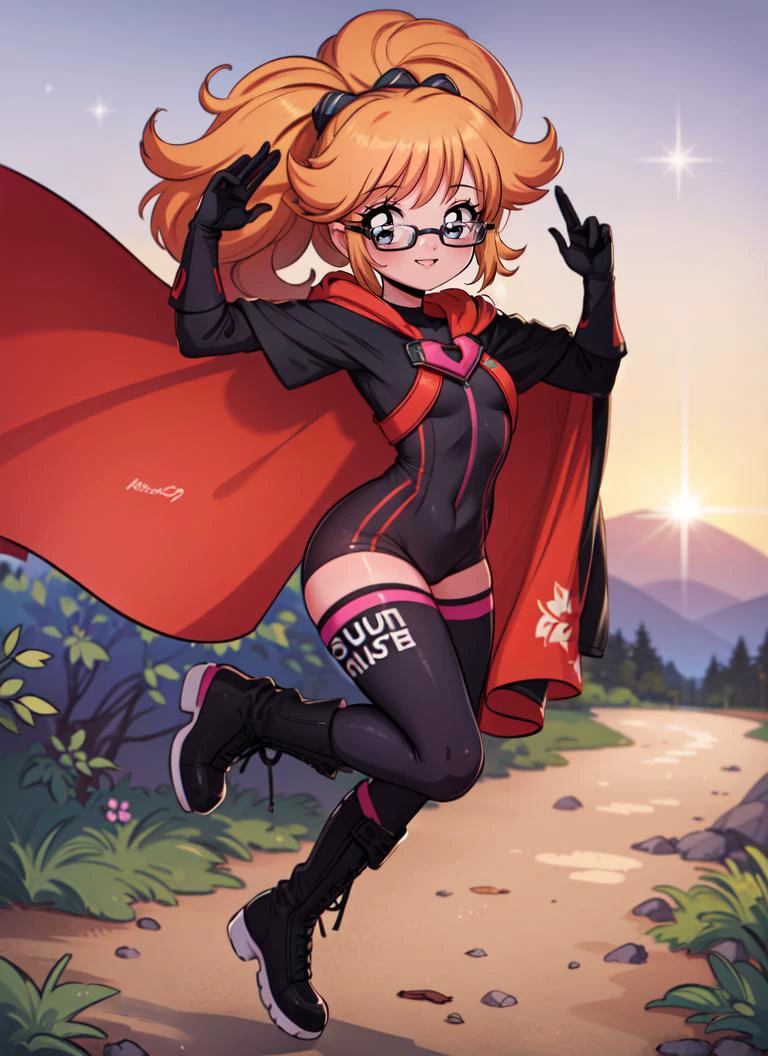 ((best quality)), ((highly detailed)), masterpiece, extremely detailed face, beautiful face, , <lora:more_details:.2>, (1girl), (glasses), dynamic pose, full body, superhero, (tan skin), latex bodysuit, skin tight clothes, long cape, gloves, knee boots, (flying), smile, (outdoors, at the tundra, aurora, sunset, sunny), <lora:Cute90sAnime:.95>, ARTSTYLE_Cute90sAnime_ownwaifu, retro artstyle