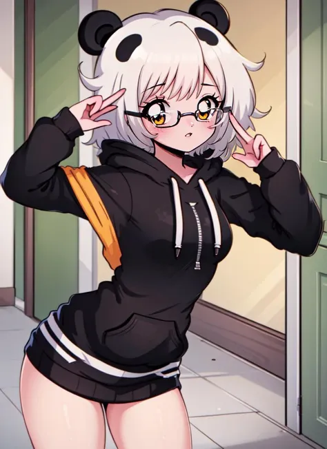 ((best quality)), ((highly detailed)), , (1girl), (glasses), dynamic pose, cowboy shot, wide shot, ((panda girl)), (panda ears), fluffy, (multicolored hair, black and white hair), (black domino mask, face paint), short hair, yellow eyes, <lora:panda_hoodie_v3:.6>, panda_hoodie, (monster girl), bamboo, (inside, at a hallway), <lora:Cute90sAnime:1>, ARTSTYLE_Cute90sAnime_ownwaifu, 1990s \(style\), retro artstyle