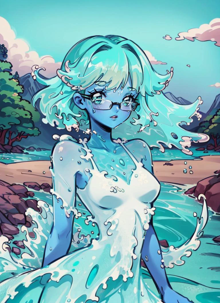 ((best quality)), ((highly detailed)), masterpiece, extremely detailed face, beautiful face, , (1girl), (glasses), depth of field, upper body, ((water elemental)), ((colored skin, blue colored skin:1.3)), (((liquid hair))), short hair, wet hair, sea foam green hair, aqua eyes, medium breasts, <lora:water_concept:.8>, Fullwater, (liquid body, liquid, water), <lora:LiquidClothesV1fixed:1>, liquid clothes, waves, sea, water, blue dress, water dress, sea foam, outside, near the ocean, beach, sunny day, sea gulls in background, (outside, in a park, trees, path, light post, city in the background, noon), <lora:Cute90sAnime:.8>, ARTSTYLE_Cute90sAnime_ownwaifu, 1990s \(style\), retro artstyle