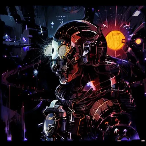 ((Robot astronaut glowing eyes ), (space forces:1.1), black color:1.2), (japnese village, the sun,blackhole on left side , man between attacking swords), <lora:cyberpunk2077Tarot_tarotCard512x1024:1>, dangerous depressing atmosphere, intricate, elegant, highly detailed, digital painting, artstation, concept art, smooth, sharp focus, illustration, art by h r giger and greg rutkowski and alphonse mucha, beautiful dramatic lighting, magnetic field, asteroid field