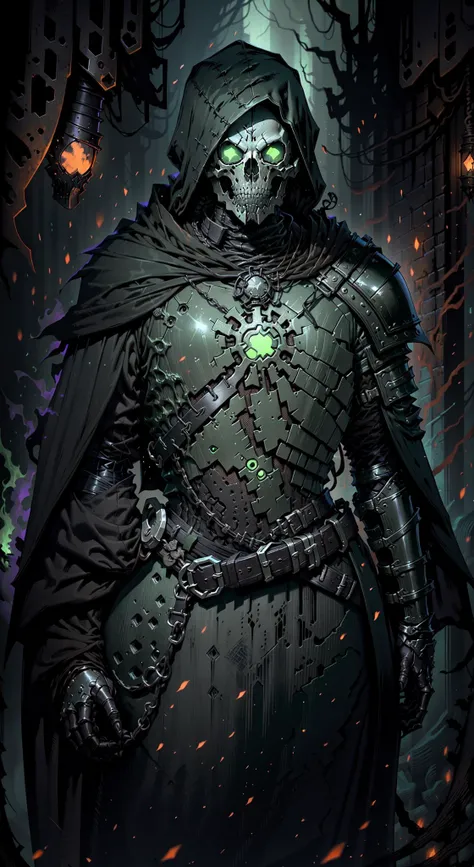 <lora:EvilLoRa:1> , Style-Necromancy, the skeleton of a necromancer mage shrouded in green energy, NecromancyAI, full body, 1boy, <lora:tarot card 512x1024:0.5>, <lora:NijiExpressV2:0.6> , delicate\(armor\), armor, full armor, cuisses, shoulder armor, helmet, belt, glove, hand guard, boots, hood, wizard hat, wizard robe,