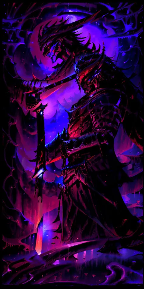 Yone(Azakana), masterpiece, absurdres, high quality, highres, night, night sky, upper body, Demon mask, half-Demon, Samurai, Japanese Soldier, no armour, topless male, katana, holding sword<lora:Yone_v1-12:0.7> <lora:tarot card 512x1024:1>, (8k),(4k),HDR,full body, holds a sword with both hands,((one sword))