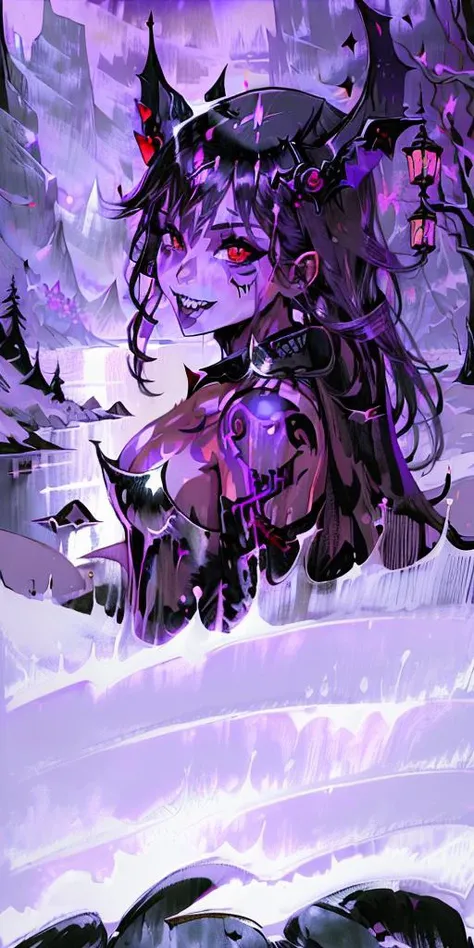 (vampire, vampire teeth, floating embers, purple color), (tattoo:1.25),  <lora:tarot card 512x1024:1> [(white background:1.5)::5], full body, solo,  white background, scenery, ink, mountains, water, trees,
