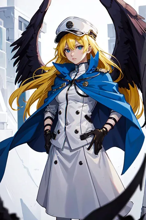solo, <lora:quincy_style:0.8> quincy, gloves, hat, jacket, white gloves, military hat, cowboy shot, <lora:RtPL-Malice:0.7> malice_(riviera), black_wings, blonde_hair, long_hair, blue_cape, white_dress, angel_wings, gloves,, absurdres, ultra detailed, masterpiece, best quality, aesthetic, detailed,