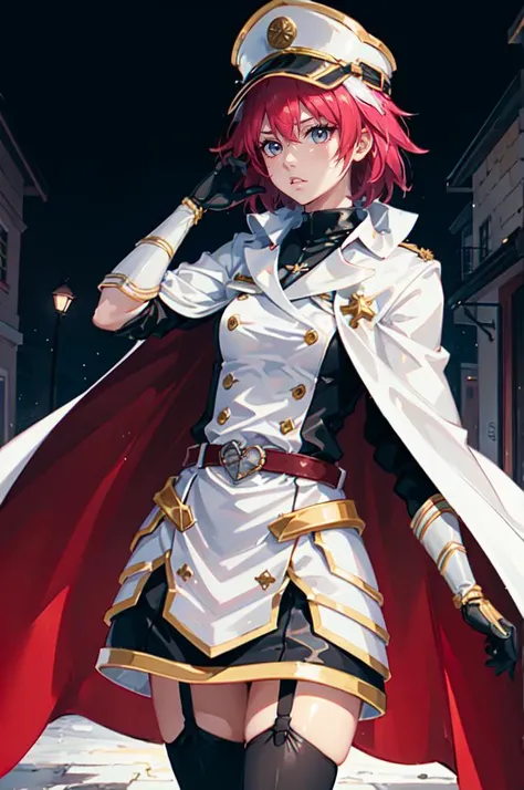 <lora:quincy_style:0.8> quincy, gloves, hat, jacket, white gloves, military hat, cowboy shot, <lora:AstolfoFate:0.5> astarmor, single braid, long braid, cape, gauntlets, garter straps, thighhighs, black footwear,, absurdres, ultra detailed, masterpiece, best quality, aesthetic, detailed,