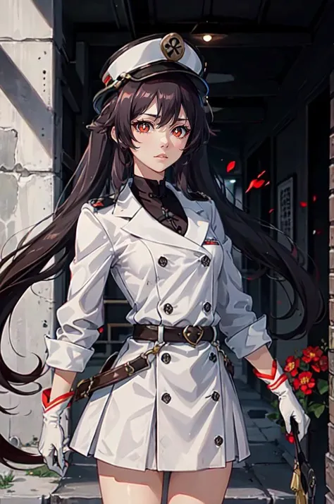 <lora:quincy_style:0.8> quincy, gloves, hat, jacket, white gloves, military hat, cowboy shot, <lora:Hu_Tao_Genshin:0.5> Hu_Tao_Genshin, 1girl, solo, long hair, red eyes, brown eyes, flower-shaped pupils, twintails, hu tao \(genshin impact\),, absurdres, ultra detailed, masterpiece, best quality, aesthetic, detailed,