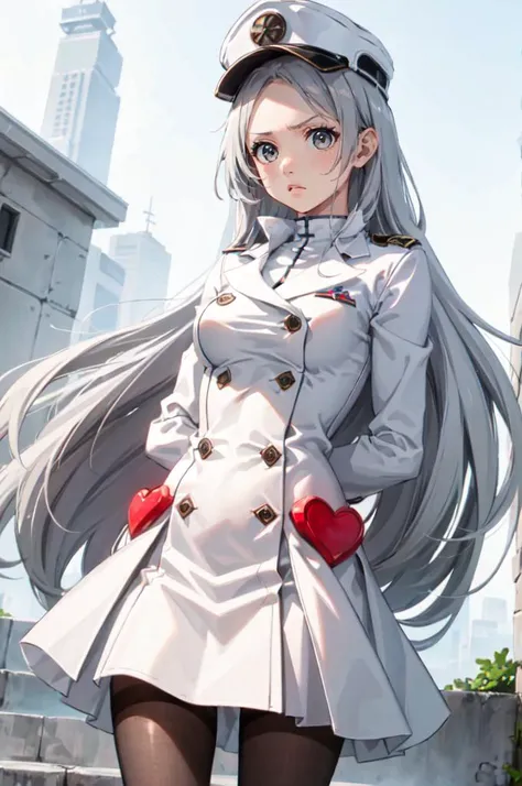 <lora:quincy_style:0.8> quincy, gloves, hat, jacket, white gloves, military hat, cowboy shot, (white hair:1.2), serious, straight-on, arms behind back, pantyhose, crossed arms,, absurdres, ultra detailed, masterpiece, best quality, aesthetic, detailed,, serious, 1girl, (white eyes:1.1), (grey eyes:1.3), white hair, very long hair, parted hair, parted bangs, <lora:parted_hair_v1.3:1.3>, medium breasts,