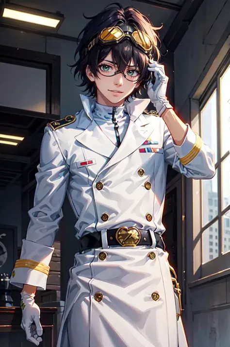 <lora:quincy_style:0.8> quincy, gloves, hat, jacket, white gloves, military hat, cowboy shot, (goggles on head:1.4),, absurdres, ultra detailed, masterpiece, best quality, aesthetic, detailed,, ultra detailed, masterpiece, best quality, solo, smile, 1boy, green eyes, short hair, black hair, bangs, hair between eyes, messy hair, (goggles on head:1.2),