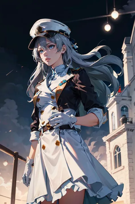solo, <lora:quincy_style:0.8> quincy, gloves, hat, jacket, white gloves, military hat, cowboy shot, <lora:firefly-v2-kozue:0.6> 1girl, blue eyes, grey hair, long hair, hair ornament, black hairband,, absurdres, ultra detailed, masterpiece, best quality, aesthetic, detailed,