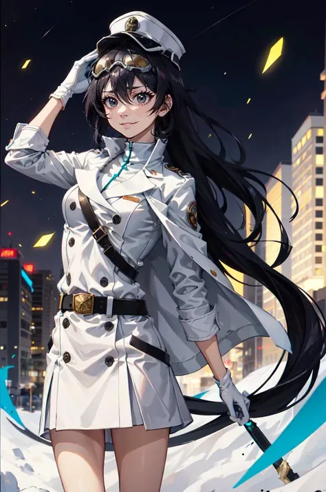<lora:quincy_style:0.75> quincy, gloves, hat, jacket, white gloves, military hat, cowboy shot, (goggles on head:1.35), dynamic pose,, absurdres, ultra detailed, masterpiece, best quality, aesthetic, detailed,, katya1, solo, smile, 1girl, aqua eyes, black hair, <lora:low_ponytail-1.0:0.7> low ponytail, ahoge, absurdly long hair, very long hair, hair flaps, hair between eyes, bangs, crossed bangs, messy hair, small breasts, goggles on head, closed mouth,