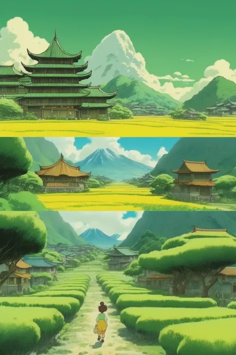 <lora:Studio Ghibli Style:1>Studio Ghibli Style - same image, same image, plantation, yellow and green, traditional chinese houses, distant mountain in the background ghibli design