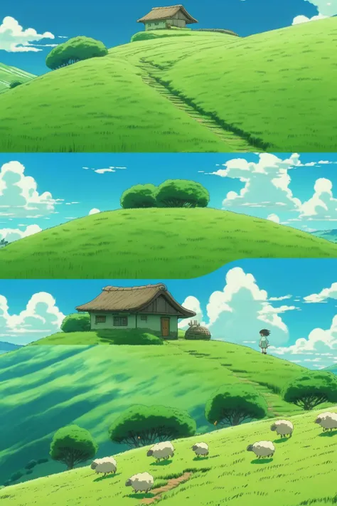 <lora:Studio Ghibli Style:1>Studio Ghibli Style - Anime style image like window xp background. This image contains hills with covered grasses. On the one of the hills there is earth tiny path. Left side of the image, there are a tiny wooden one-story house with a roof. One of the hills, top of the hill there is a white sheep. Sunny day, Noon time.