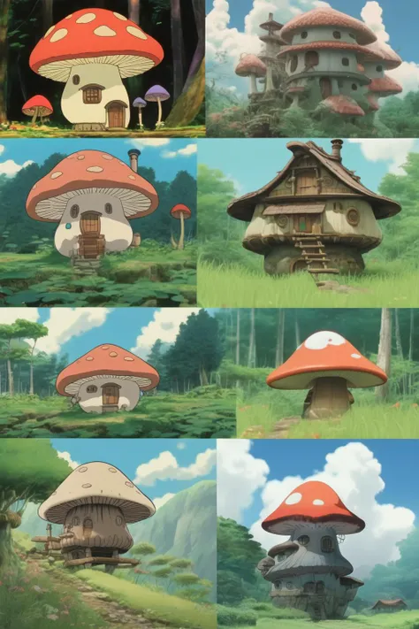 <lora:Studio Ghibli Style:1>Studio Ghibli Style - a mushroom house in 4 different Japanese animation styles, including one studio ghibli style