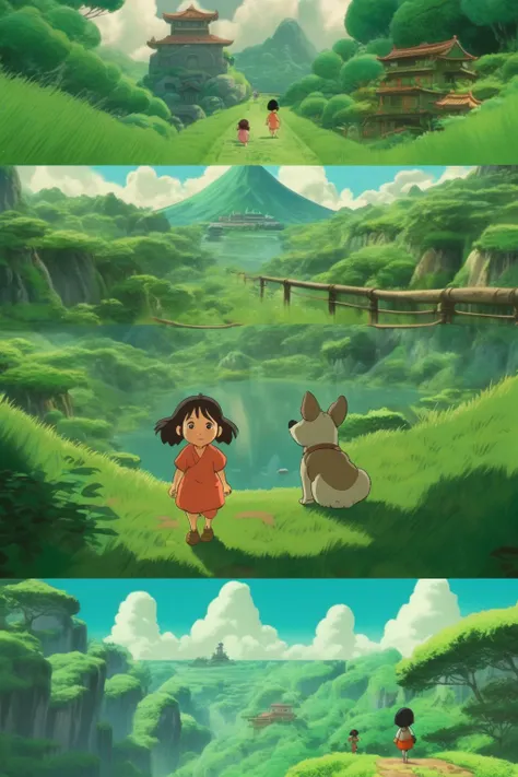 <lora:Studio Ghibli Style:1>Studio Ghibli Style - A collaboration between Studio Ghibli and Pixar, combining the artistic styles of both studios. The story revolves around a dog taking a 2-year-old Chinese girl on a journey, showcasing rich imagination and diverse landscapes from different countries. The scenes are predominantly set in lush green environments. The visuals are reminiscent of a movie poster, created using 3D technology with high-resolution rendering in 8K. Make the characters more beautiful and perfect.Make the style more pronounced.Deepen it further and make it more perfect.