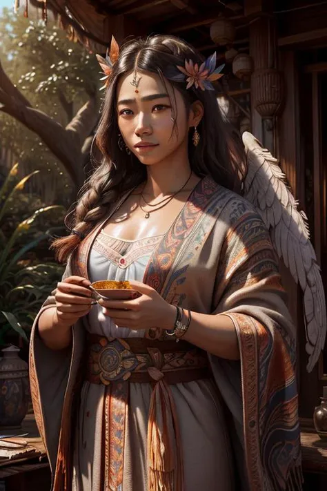 best quality, adventurous, Film Grain:0.6, (beautiful and aesthetic:1.2), nikon d850, Chinese martial arts style, constellations, (radiosity), outdoors, (hyperrealism), HDR, full body, anatomical, detailed cloth texture, 1woman, (a jubilant angel:1.2), award winning photography, ray tracing reflections, wristband, cat, overdetailed art, Intricate, wild growth, (super detail:1.3), small goatee, <lora:BohoAI:0.81> bohoai, ((highly detailed skin)), innovation, (colorful trees), Greg Manchess, (future), blurred_background, (global illumination), sharp focus, holding plectrum, Full Shot, low tide, landscape, ((high detial)), old painting style, masterpiece, darkness, ue5, ( cyberpunk), film photography, chair, absurdres, 30yo Polynesian woman, (freckled skin:0.6), wearing a gray robe in the temple, Volumetric lighting, cinematic lighting