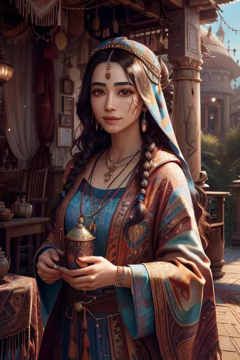 best quality, adventurous, Film Grain:0.6, (beautiful and aesthetic:1.2), nikon d850, Chinese martial arts style, constellations, (radiosity), outdoors, (hyperrealism), HDR, full body, anatomical, detailed cloth texture, 1woman, (a jubilant angel:1.2), award winning photography, ray tracing reflections, wristband, cat, overdetailed art, Intricate, wild growth, (super detail:1.3), small goatee, <lora:BohoAI:0.81> bohoai, ((highly detailed skin)), innovation, (colorful trees), Greg Manchess, (future), blurred_background, (global illumination), sharp focus, holding plectrum, Full Shot, low tide, landscape, ((high detial)), old painting style, masterpiece, darkness, ue5, ( cyberpunk), film photography, chair, absurdres, 30yo Arab woman, (freckled skin:0.6), wearing a multicolored robe in the temple, Volumetric lighting, cinematic lighting