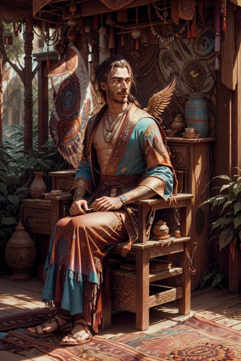 best quality, adventurous, Film Grain:0.6, (beautiful and aesthetic:1.2), nikon d850, Chinese martial arts style, constellations, (radiosity), outdoors, (hyperrealism), HDR, full body, anatomical, detailed cloth texture, 1man, (a jubilant angel:1.2), award winning photography, ray tracing reflections, wristband, cat, overdetailed art, Intricate, wild growth, (super detail:1.3), small goatee, <lora:BohoAI:0.81> bohoai, ((highly detailed skin)), innovation, (colorful trees), Greg Manchess, (future), blurred_background, (global illumination), sharp focus, holding plectrum, Full Shot, low tide, landscape, ((high detial)), old painting style, masterpiece, darkness, ue5, ( cyberpunk), film photography, chair, absurdres, 30yo Latino woman, (freckled skin:0.6), wearing a electric blue robe in the temple, Volumetric lighting, cinematic lighting