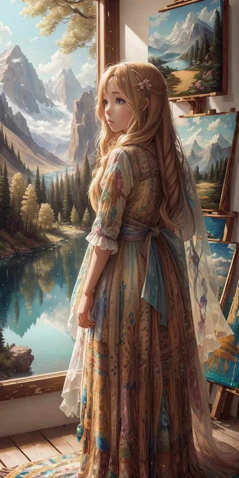 (best quality), realistic anime style lone hiker with his golden retriever looking out at a grand lake, Photorealistic, depth of field, surreal photo, (chiffon dress), "abundant", award winning masterpiece with incredible details big windows, miniature, ultra detailed, long hair, detailed skin texture, hd, <lora:BohoAI:0.81> bohoai, 1girl, ((painting:1.1))