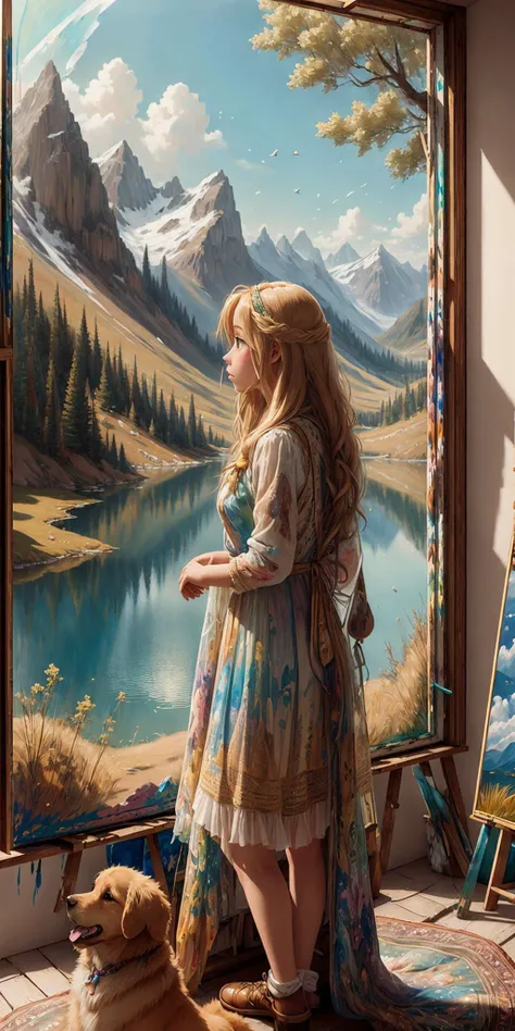 (best quality), realistic anime style lone hiker with his golden retriever looking out at a grand lake, Photorealistic, depth of field, surreal photo, (chiffon dress), "abundant", award winning masterpiece with incredible details big windows, miniature, ultra detailed, long hair, detailed skin texture, hd, <lora:BohoAI:0.81> bohoai, 1girl, ((painting:1.1))